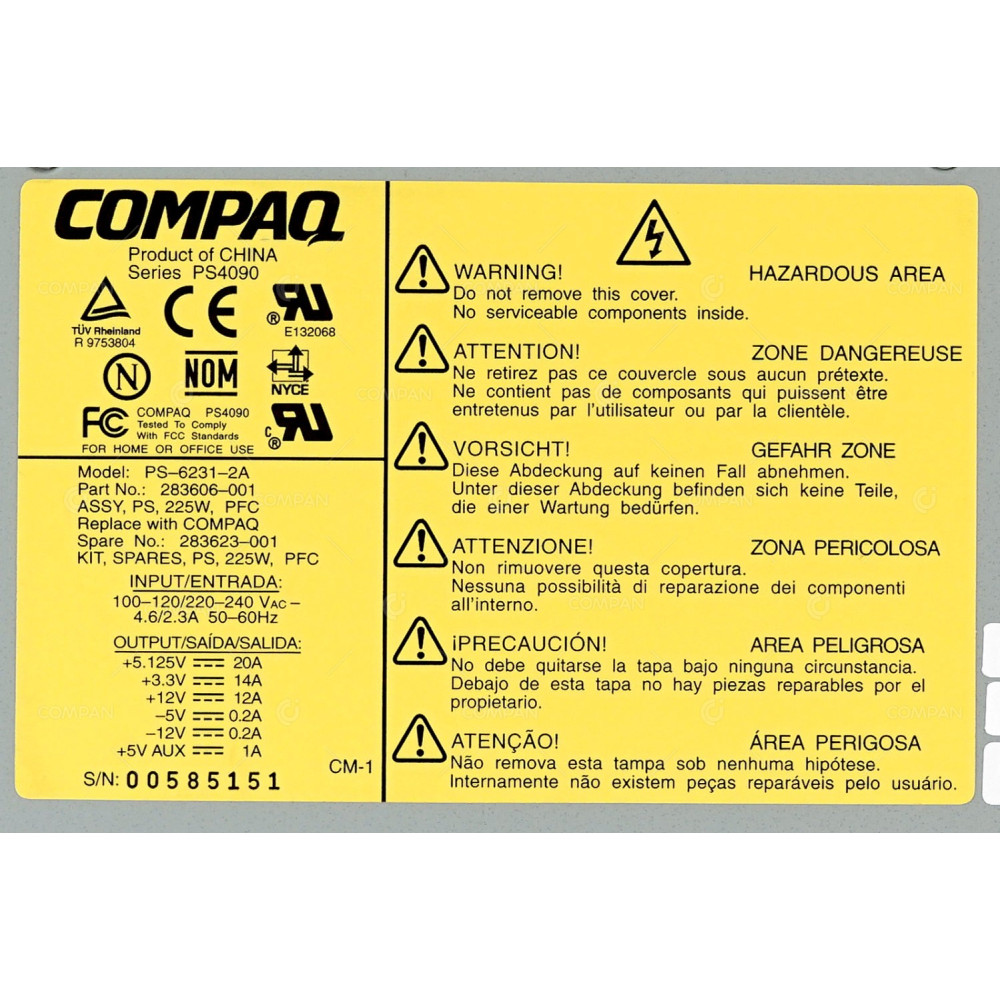 283623-001 HP 225W POWER SUPPLY FOR COMPAQ PROLIANT 1850R